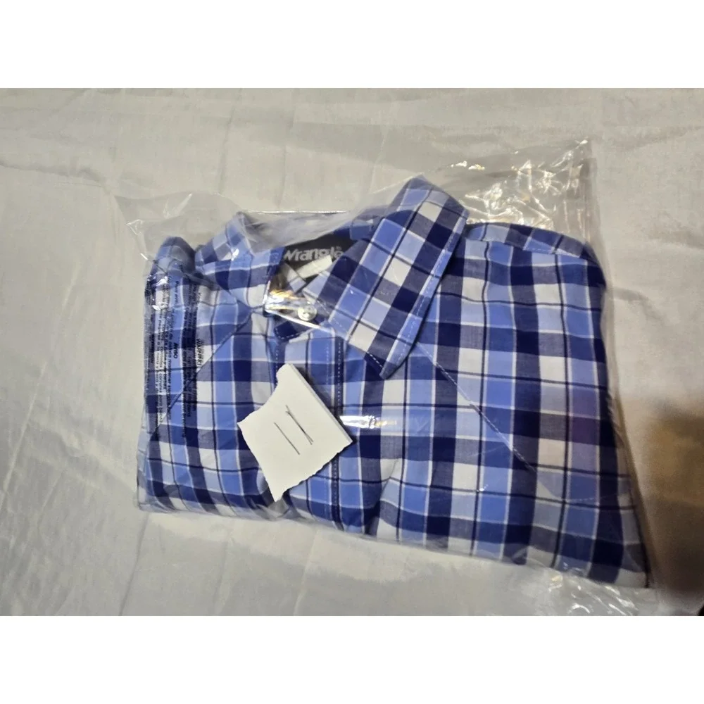 Wrangler Mens Large Pearl Snap Up Dress Shirt Blue Plaid Checker Western